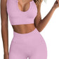 QINSEN Workout Outfits for Women 2 Piece Ribbed Seamless Crop Tank High Waist Yoga Leggings Sets