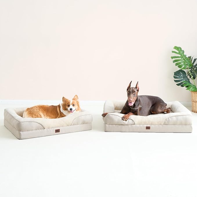 EHEYCIGA Memory Foam XL Dog Bed for XLarge Sized, Extra Large Orthopedic Dog Sofa with Sides and Waterproof Liner, Washable Bolster Pet Couch with Removable Cover, 48x35x7.5 Inch, Beige