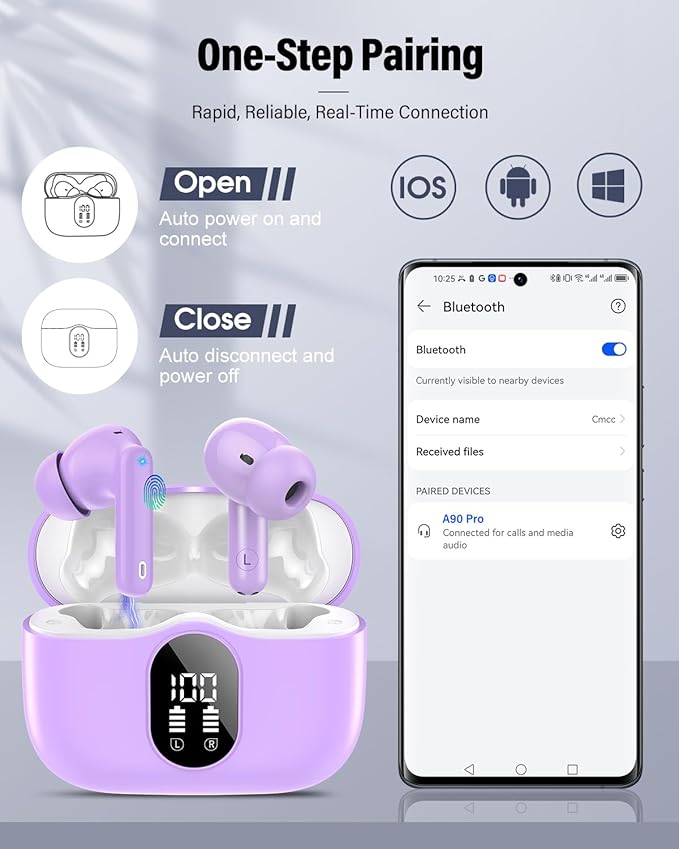 Wireless Earbuds, Bluetooth 5.4 Headphones Bass Stereo, Ear Buds with Noise Cancelling Mic, IP7 Waterproof in Ear Earphones, 36H LED Display Bluetooth Earbuds for Laptop Pad Phones Sports, Purple