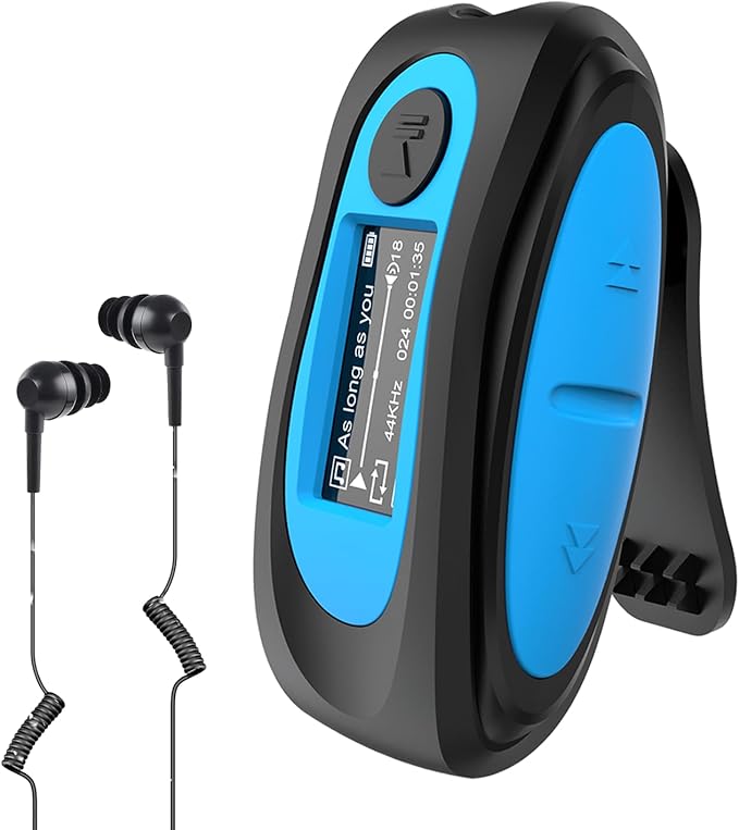 AGPTEK IPX8 Waterproof Mp3 Player with Screen, Multi-Functional Clip Music Player with Waterproof Headphones for Surfing Swimming Water Sports