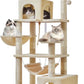 Taoqimiao Cat Tree, 71-Inch Cat Tree Cat Tower for Indoor Cats, Plush Multi-Level Cat Condo with 10 Scratching Posts, 2 Perches,Basket, 2 Caves,Hammock, 2 Pompoms,MS020M Beige