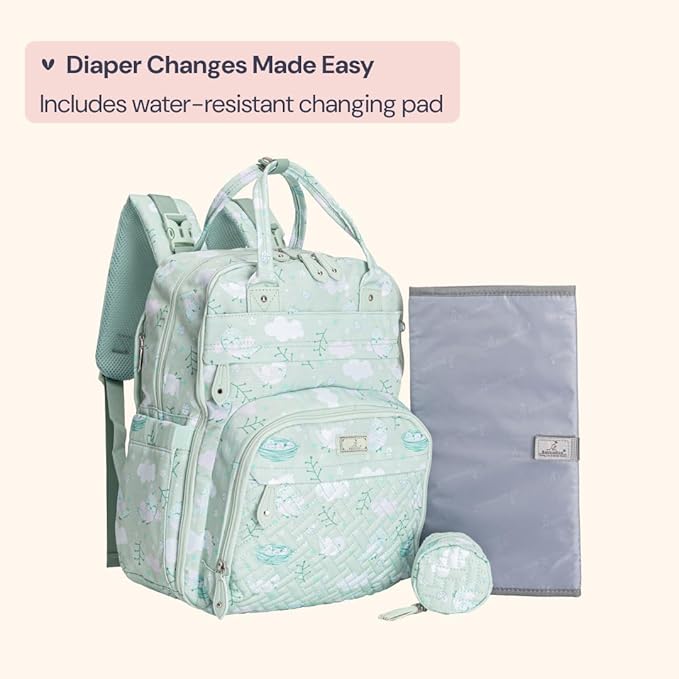 BabbleRoo Diaper Bag Backpack - Baby Essentials, Travel Essentials Baby Bag with Changing Pad, Stroller Straps & Pacifier Case - Unisex, Green Birdy