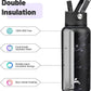 32 oz Insulated Water Bottle Stainless Steel Sport Bottles with 3 Lids,Marble Midnight