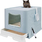 XL Foldable Cat Litter Box with Lid - Jumbo Enclosed Potty - Top Entry Anti-Splashing Toilet - Includes Scoop & 2-in-1 Cleaning Brush (Blue
