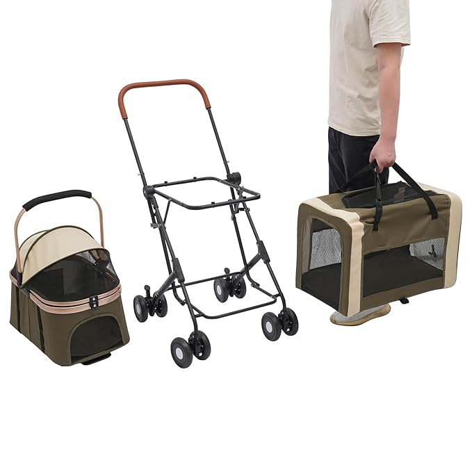 Foldable Pet Stroller for Small & Medium Dogs, Double Dog & Cat Stroller with 3-in-1 Travel System, Detachable Pet Carrier with Wheels for Cats and Dogs up to 77 lbs, Dark Green