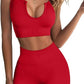 QINSEN Workout Outfits for Women 2 Piece Ribbed Seamless Crop Tank High Waist Yoga Leggings Sets