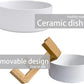 Ceramic Dog Cat Bowl with Wood Stand,Cat Food & Water Bowls Elevated Non-Spill Modern Cute Kitty Dishes Heavy Weighted Round Pet Dishes Set for Kitten Small Cat(White)