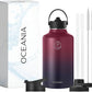 Oceania Flask 64oz Stainless Steel Water Bottles | Modern, Leakproof, Hydro BPA-Free, Insulated Water Bottle with 3 Lids, 3 Straws & 2 Straw Cleaning Brushes | Simple Camping & Hiking Water Bottles