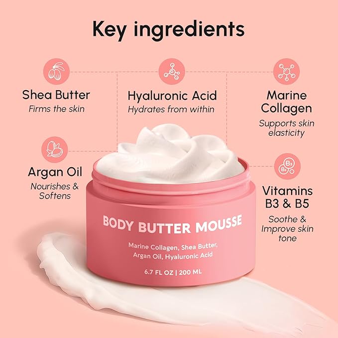 MAREE Moisturizer Body Butter Mousse - Whipped Body Butter for Women Smell Good - Facial Moisturizer for Dry Skin - Face Hand Body Cream for Women & Men with Marine Collagen, Shea Butter & Argan Oil