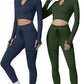 QINSEN Workout Sets for Women 2 Piece Seamless Long Sleeve Crop Tops Ribbed High Waist Leggings