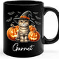 Personalized Name Scottish Fold Halloween Ceramic Mug, Custom Scottish Fold with Pumpkins Coffee Cup, Cat Wearing Witch Hat Cup Gift for Family Friend, Halloween Cat Pet Black Mug 11oz 15oz