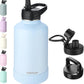64oz Insulated Water Bottle with Straw, Half Gallon Stainless Steel Vacuum Water Jug, Large Thermal Water Bottle Flask with Leakproof 3 Lids for Travel, Camping, Gym Sports Light Blue
