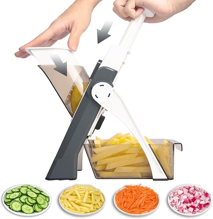 Safe Mandoline Vegetable Chopper With Container for Kitchen, Professional, More with 30+ Presets & Thickness Adjuster, Faster Food Slicer Gadgets for Onion,Potato - Gray