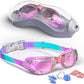 Kids Swim Goggles, Swimming Goggles for Kids with Nose Clip, Earplugs, Nose Bridge for Age 3-15
