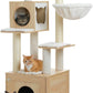 PEQULTI 57.5" Cat Tree with Litter Box Enclosure Large, Wood Cat Tower for Indoor Cats with Storage Cabinet and Cozy Cat Condo, Sisal Covered Scratching Post and Repalcable Dangling Balls, Beige