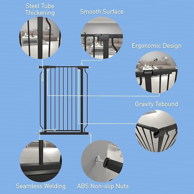 WAOWAO Extra Tall 40.55" Baby Gate 29.92-46.85" Wide Pressure Mounted Walk Through Swing Auto Close Safety Black Metal Toddler Child Dog Pet for Indoor Stairs,Doorways,Kitchen
