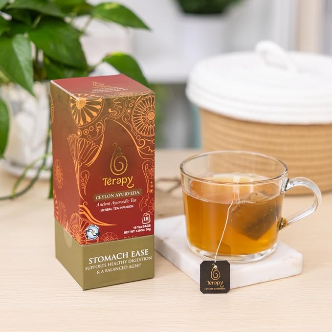 Térapy Ceylon Stomach Ease Herbal Tea Bags | Soothes Stomach & Supports Healthy Digestion | All Natural Ayurvedic Ingredients Including Peppermint, Ginger, Licorice | 18 Individually Wrapped Tea Bags