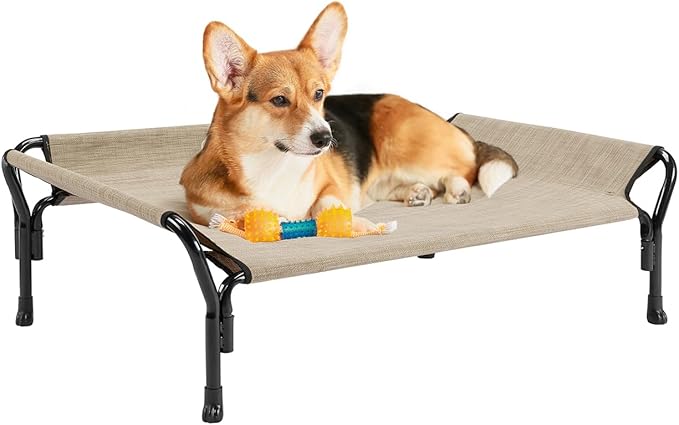 Veehoo Medium Elevated Dog Bed, Guardrail, Non-Slip, Teslin Mesh, 35"L x 26"W x 11"H, Beige Coffee