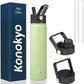 Insulated Water Bottle 24oz Stainless Steel Sport Bottles with 3 Lids,Macaron Green