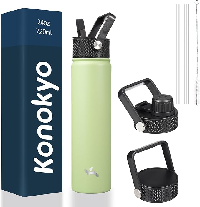 Insulated Water Bottle 24oz Stainless Steel Sport Bottles with 3 Lids,Macaron Green
