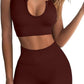 QINSEN Workout Outfits for Women 2 Piece Ribbed Seamless Crop Tank High Waist Yoga Leggings Sets