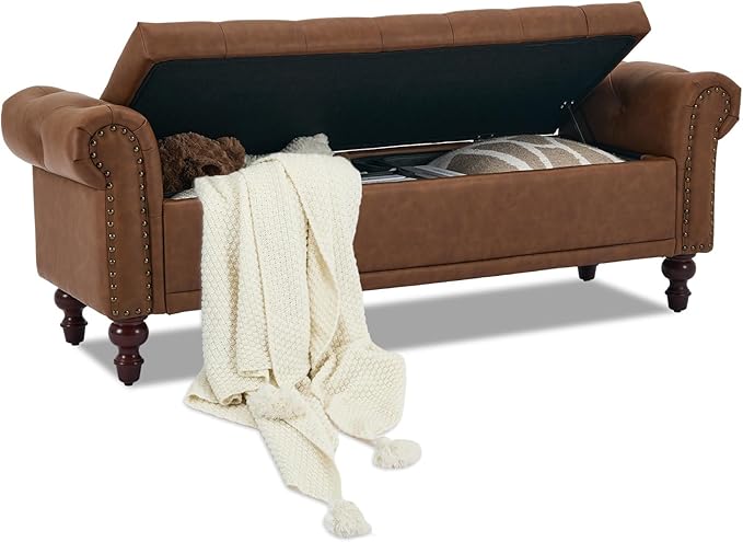 58.1'' Storage Bench Upholstered PU Leather End of Bedroom Bed Bench Ottoman with Tufted Cushioned Rolled Arm Large Storage Space for Reading Living Room Entryway, Brown