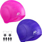 2 Pack Unisex Swim Caps with 3D Ear Protection, Durable Flexible Silicone Swimming Hats for Women Men Kids Adults, Bathing Swimming Caps for Short/Long Hair with Ear Plugs&Nose Clip