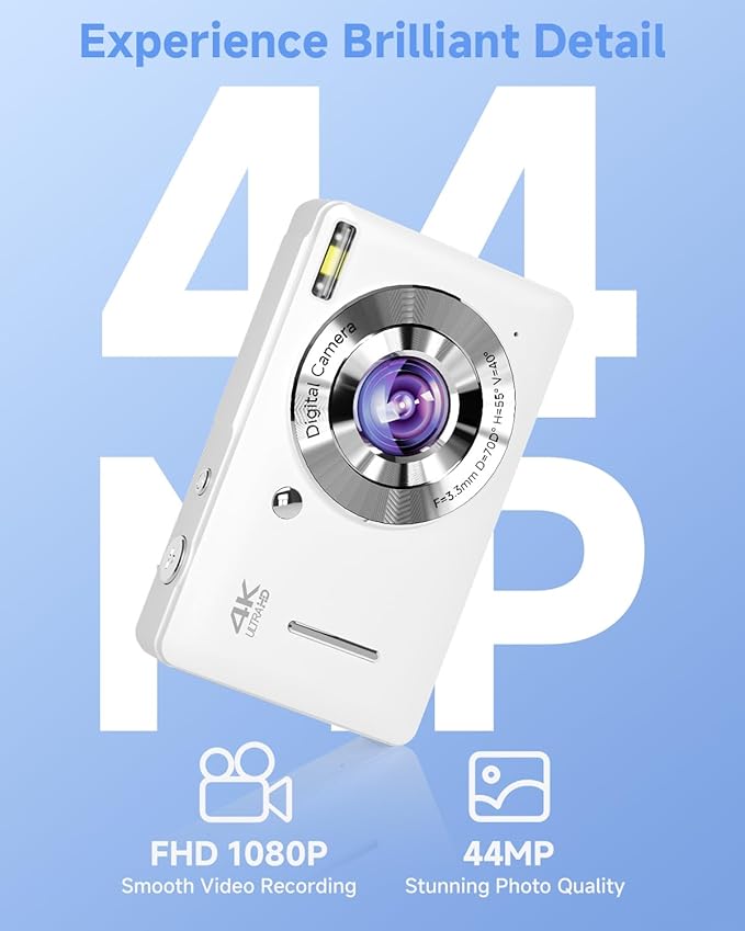 Digital Camera, 44MP FHD 1080P Camera for Kid with 16X Zoom Anti Shake, Compact Small Camera with 32GB SD Card, Digital Camera for Teens for Teens Girls Kids Adults(White)