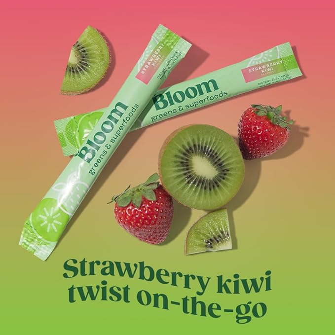 Bloom Nutrition Greens and Superfoods Powder Packets for Digestive Health, Greens Powder, Digestive Enzymes, Probiotics, Spirulina, Chlorella for Bloating & Gut Support, 15 Stick, Strawberry Kiwi