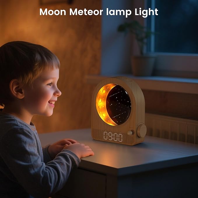 Sunrise Alarm Clock, White Noise Machine & Meteor Moonlight - 10 Soothing Sounds, Dual Alarms, 30/60/90min Timer, Easy Snooze - Bedroom Gift for Insomnia Adults/Women - Wood