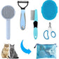 Grooming Brush Kit - 5pcs for Shedding & Matted Fur, Self-Cleaning with Flea Comb for Indoor Long-Haired Cats, Blue