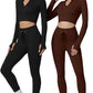 QINSEN Workout Sets for Women 2 Piece Seamless Long Sleeve Crop Tops Ribbed High Waist Leggings