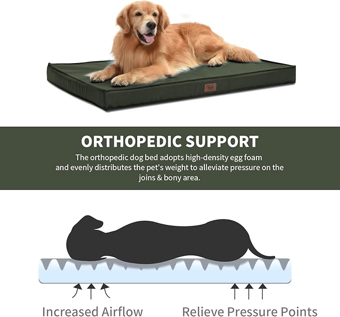 Outdoor Large Dog Bed, Waterproof Dog Bed for Large Dogs, Egg Crate Foam Pet Bed with Removable Washable Oxford Cooling Cover, Dark Green