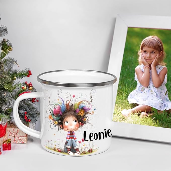Personalized 12 oz Enamel Mug with Name - Custom Camping Coffee Mugs for Home, Work, Travel, Camping - Birthday Christmas Gift for Family Friend (Cute Quirky Girl)