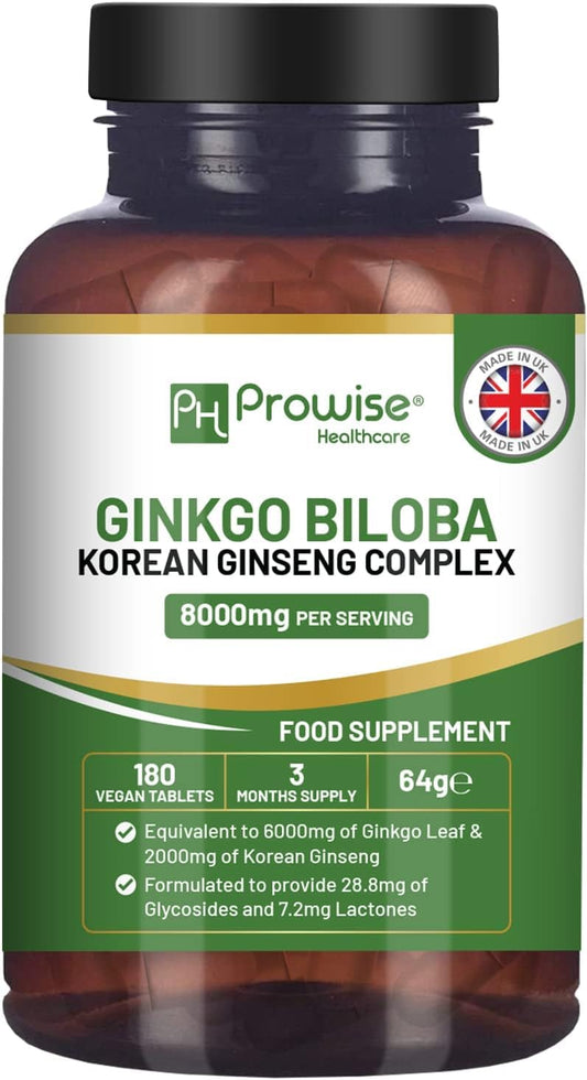 Ginkgo Biloba and Korean Ginseng Tablets 8000mg 180 Vegan Tablets | Ginkgo 6000mg & Korean Ginseng Root 2000mg | UK Manufactured by Prowise Healthcare