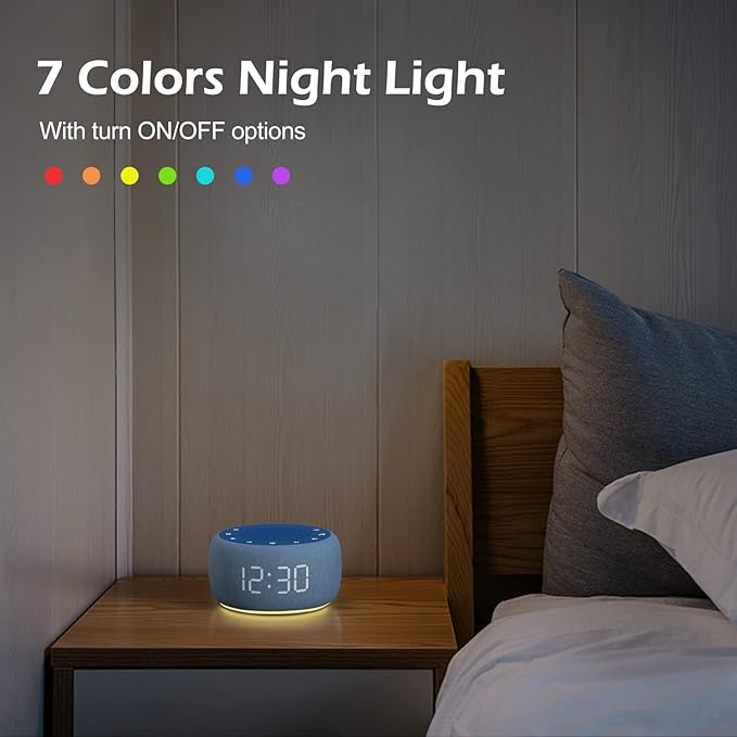 Buffbee Sound Machine & Alarm Clock 2-in-1, 0-100% Clock Face Brightness, Bottom Colored Light, Sleep Timer, Precise 30-Level Volume Control White Noise Machine - Twilight