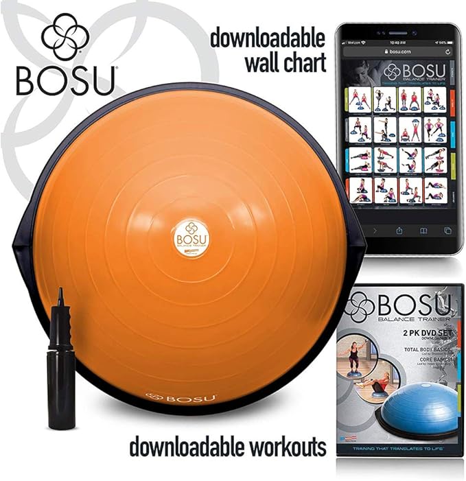 Bosu Balance Ball Exercise Trainer, Home Gym Equipment w/ Guided Workouts & Pump, 26", Blue - Inflatable Fitness Platform for Strength Training, Standing, Balancing, and Core Workout