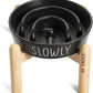 Ceramic Puzzle Slow Feeder Dog Bowl - 0.6 Cup Elevated with Wood Stand for Small Breeds, Black