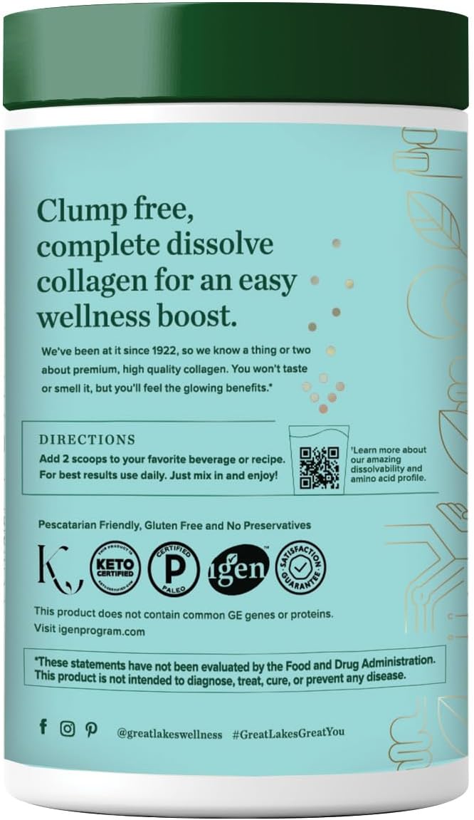 Great Lakes Wellness Sustainable Marine Collagen Peptides Powder for Skin, Hair, Nails, Joints & Digestion - Unflavored - Quick Dissolve Hydrolyzed, Wild Caught, MSC Certified, Non-GMO, Kosher - 8 oz