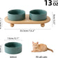 Ceramic Elevated Cat Food and Water Bowl, Kitty Bowl, Raised Cat Dish, Pet Feeder (5.1 in, 2 x Dark Green + Stand)