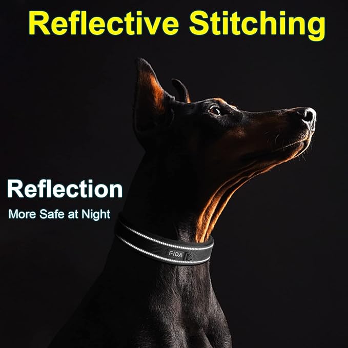 Fida Heavy Duty Dog Collar, Ultra Comfortable Soft Neoprene Padded, Adjustable Reflective Nylon Pet Collar with Durable Metal Belt Buckle for Large Breeds (L, Black)