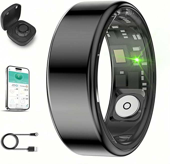 Smart Ring for Men Women with Black Charging Box, Bluetooth, Health Ring , IP68 Waterproof, Fitness Ring Tracks Heart Rate/Sleep/Steps/Sports Activities/Blood Oxygen,non-subscription app (Black, 9)