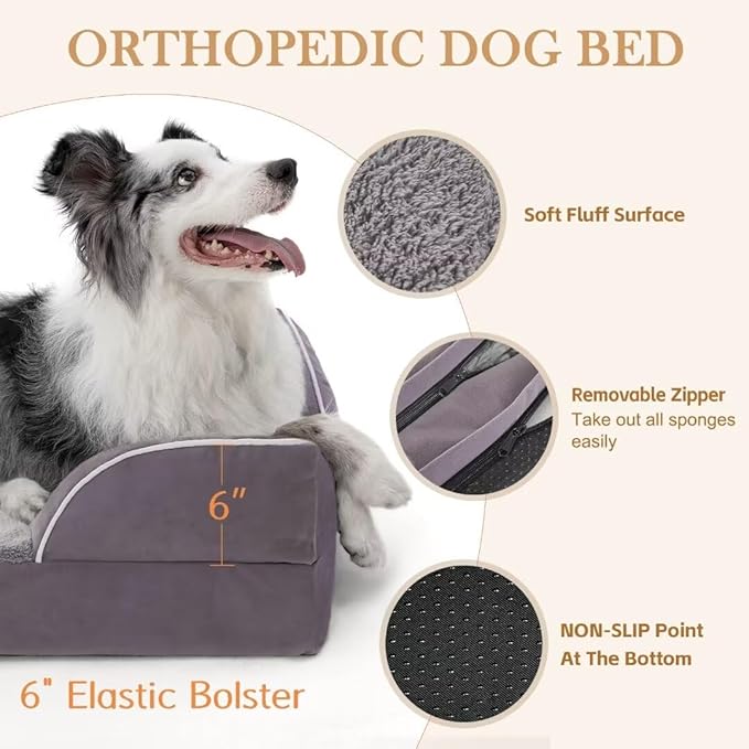 Comfort Expression XXL Waterproof Orthopedic Dog Bed for Extra Large Dogs, Orthopedic Foam Dog Beds, Washable Dogs Sofa Bed with Removable Cover & Non-Slip Bottom(XX-Large,Purple)