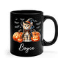 Personalized Ocicat with Pumpkins Halloween Ceramic Cups, Ocicat Wearing Witch Hat Coffee Mug 11oz 15oz, Customized Cat Black Mug with Pet's Name, Halloween Cup Gift for Cat Dad Mom Pet Lover