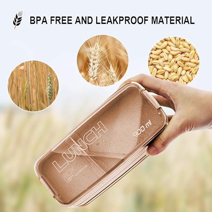 Iteryn Bento Adults Lunch Box, Stackable Bento Box, 3-In-1 Compartment - Wheat Straw, Leakproof Bento Lunch Box Meal Prep Containers