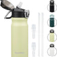 Insulated Water Bottle with Straw and Carry Loop,18 oz Stainless Steel Double Wall Vaccum Metal Water Flask with Leak-proof Lid,Macaron Green