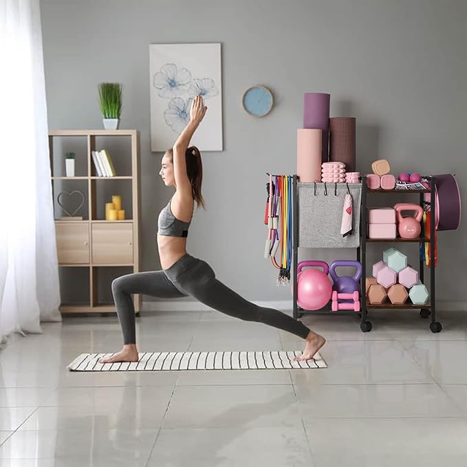 Yoga Mat Storage Rack Home Gym Equipment Organizer Holder for Foam Roller Dumbbells Kettlebells Resistance Bands and More Accessories Women Men Workout Organization with Hooks Wheels (Black)