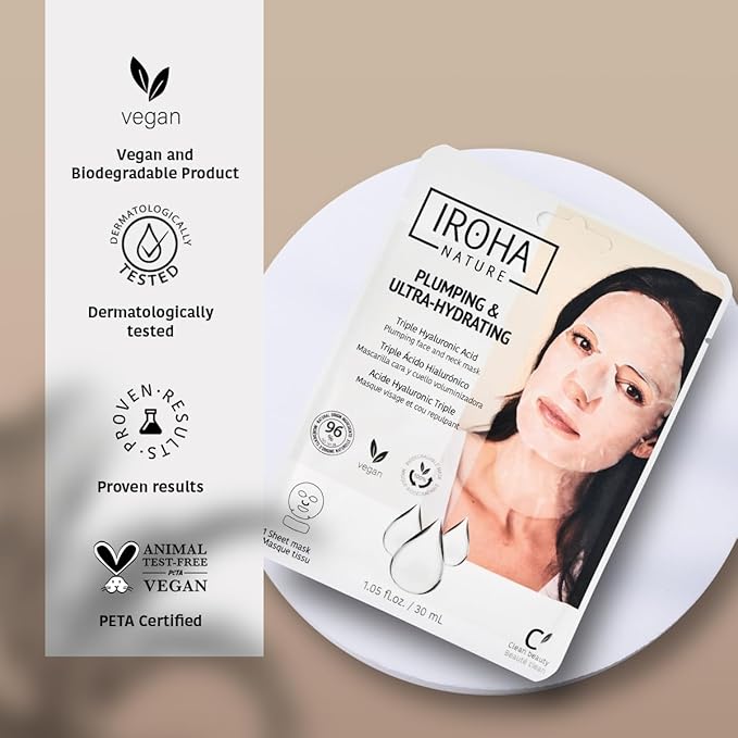 IROHA NATURE Replumping & Anti-Aging Tissue Face Mask (Pack of 15) | With Triple Hyaluronic Acid | Deep Hydration & Anti-Aging Effect | Softer, Calmer Skin | 100% Vegan