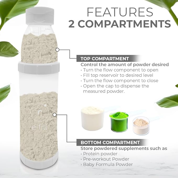 Re-Fill Powder Container To-Go, 2-Compartment Powder Travel Dispenser with Measurements - Powder Container for Protein Powder and Pre-Workout to use On-The-Go (Blue)