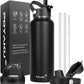Water Bottle Insulated 32oz 40oz 64oz 128oz Straw Lid Spout Lid & 3 Lids, Leak Proof, Vacuum Insulated,Stainless Steel Water Bottle Wide Mouth for Sports, Gym or Office